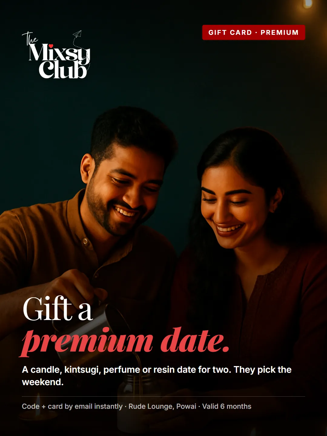 Mixsy premium gift card — candle, kintsugi, perfume or resin date for two in Powai, Mumbai