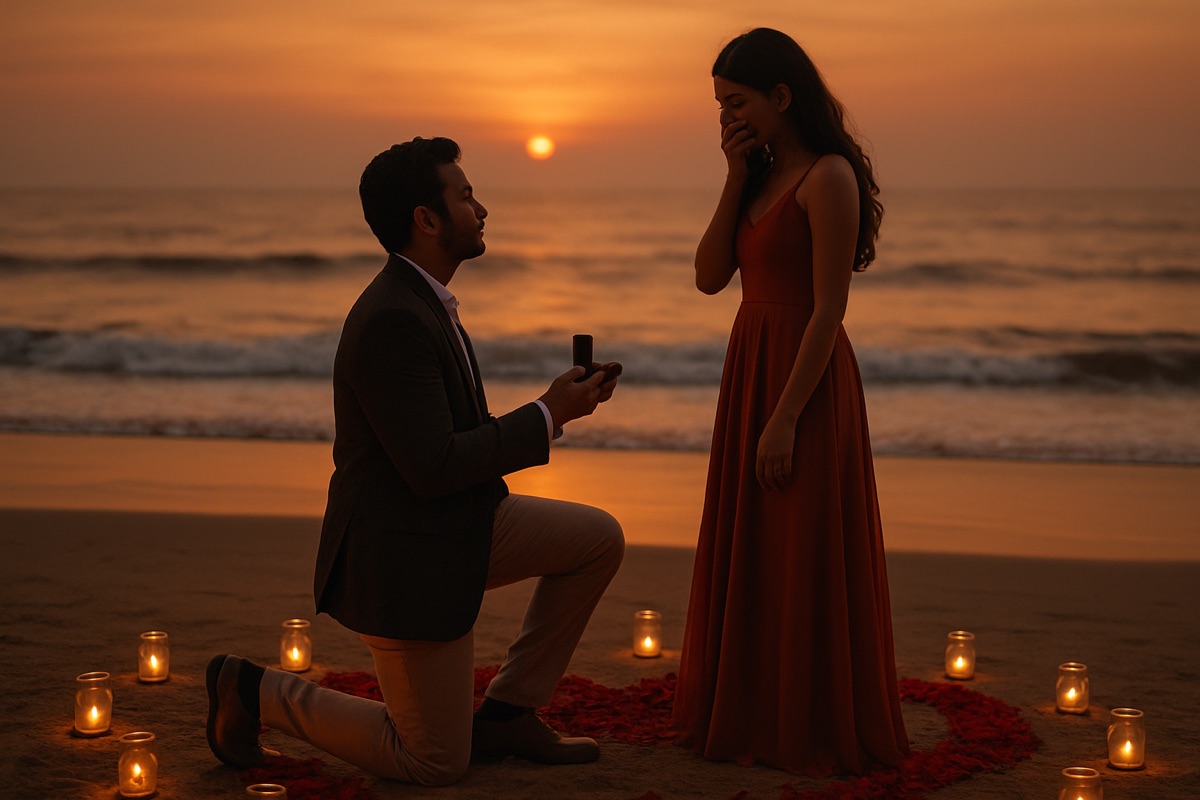 Golden hour on the water — a beach proposal, lanterns in the sand
