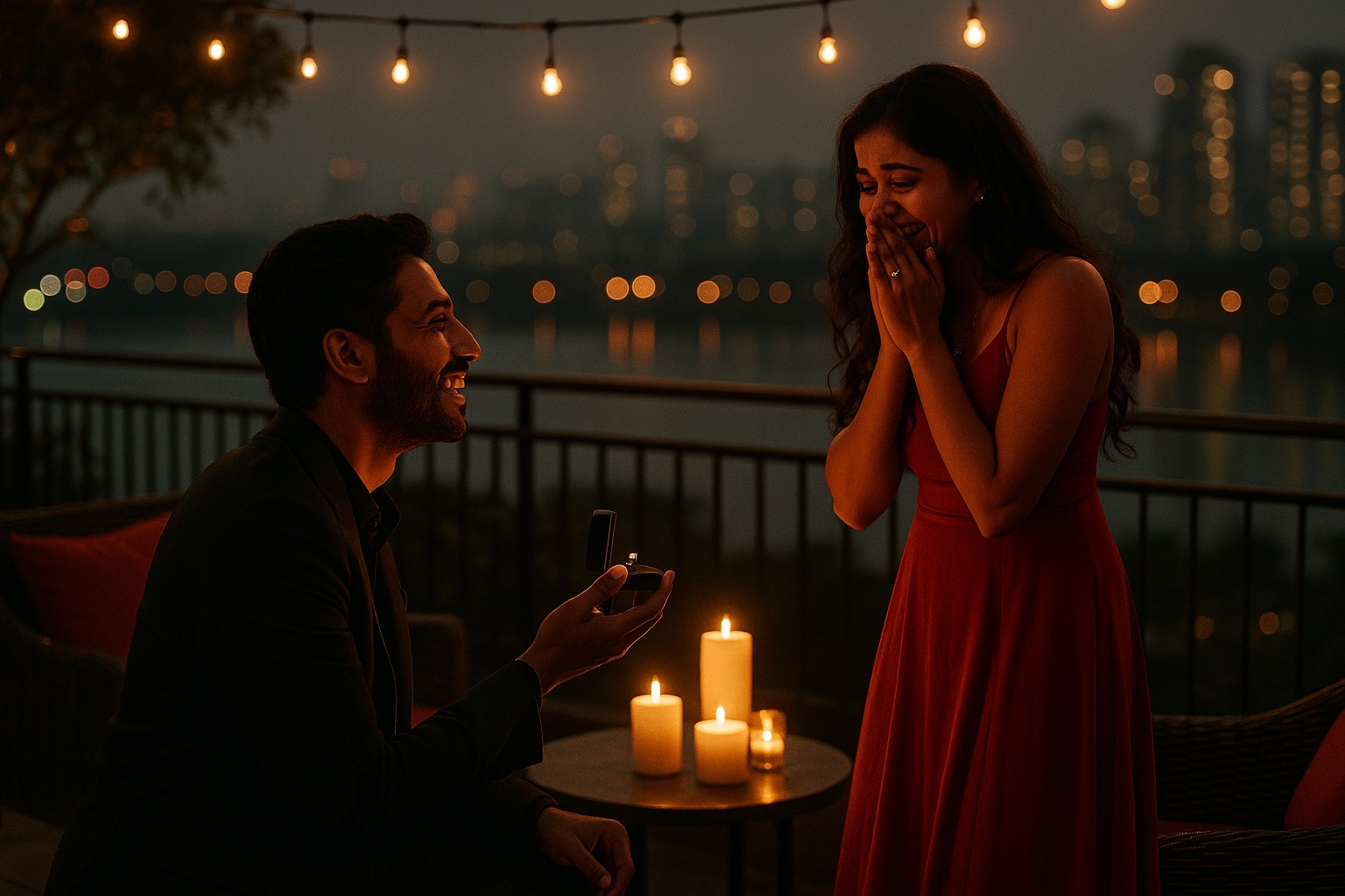 A surprise rooftop proposal at dusk in Mumbai — Mixsy Proposals