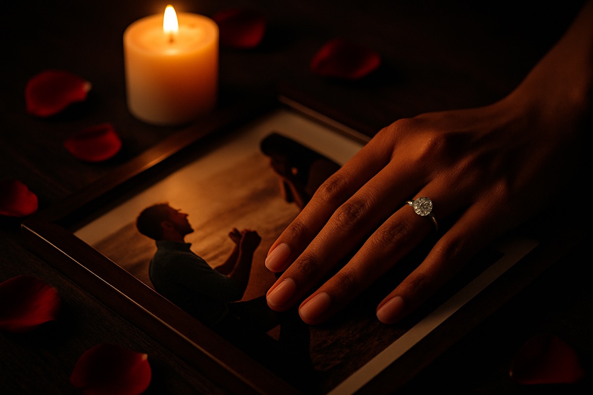 A new engagement ring resting on a framed print of the proposal