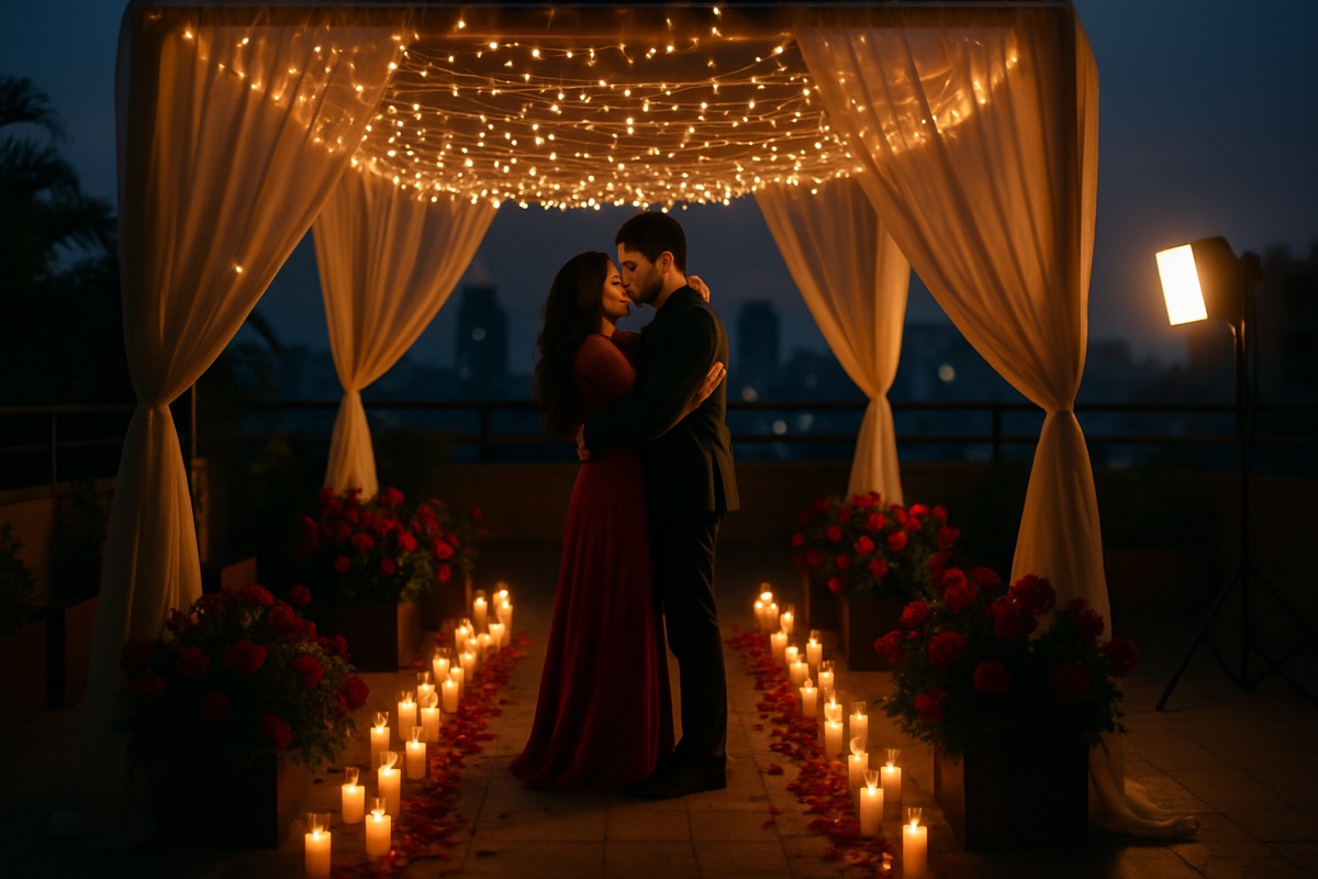 A decorated private corner with a fairy-light canopy and candle pathway