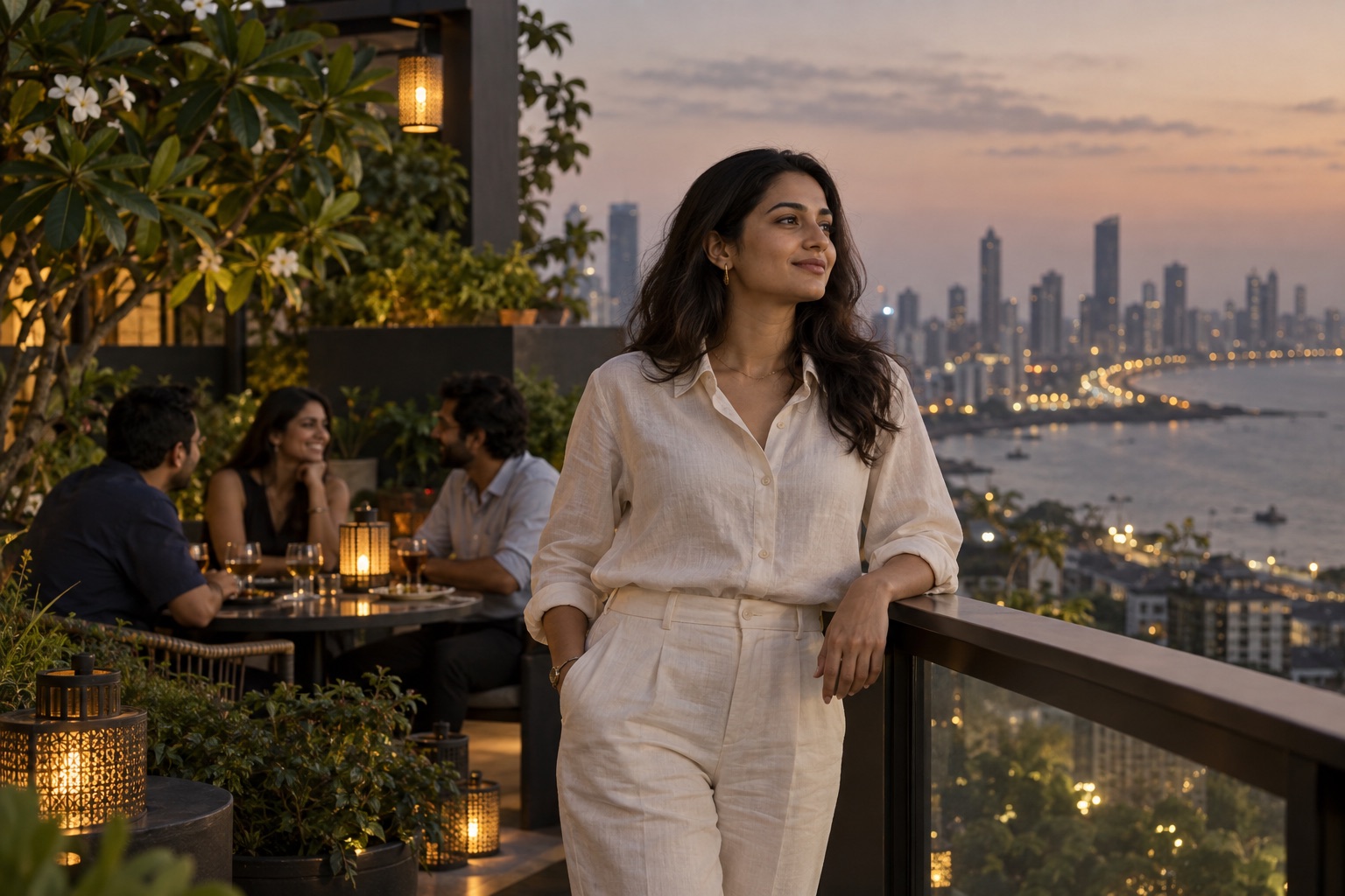 A woman enjoying a quiet moment on a rooftop with friends nearby