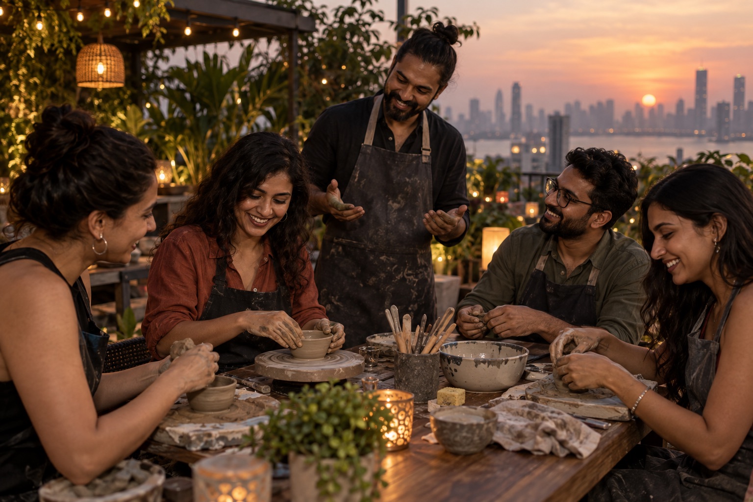 Friends spending an evening together at a rooftop pottery workshop